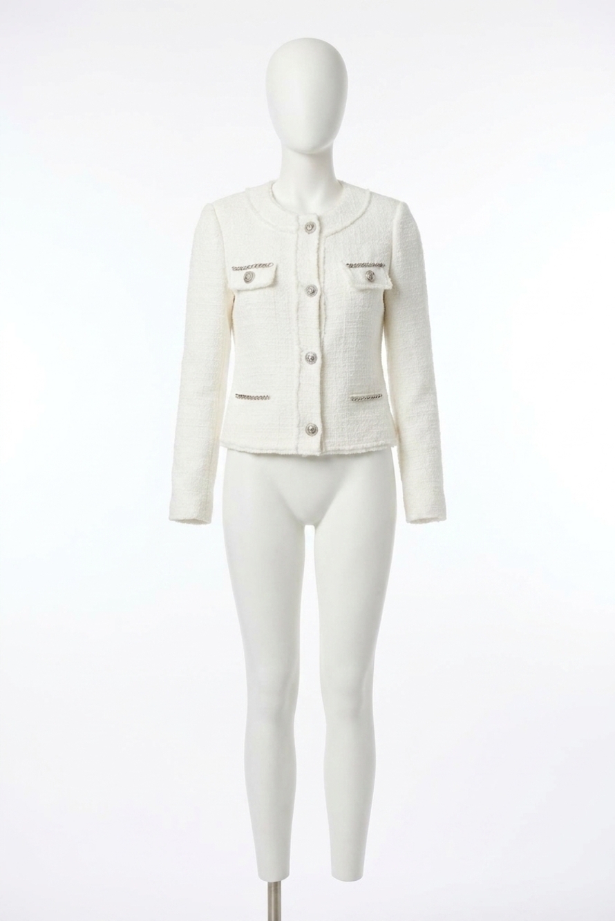 NEW JOSEPH RIBKOFF boucle chain detail jacket in winter white